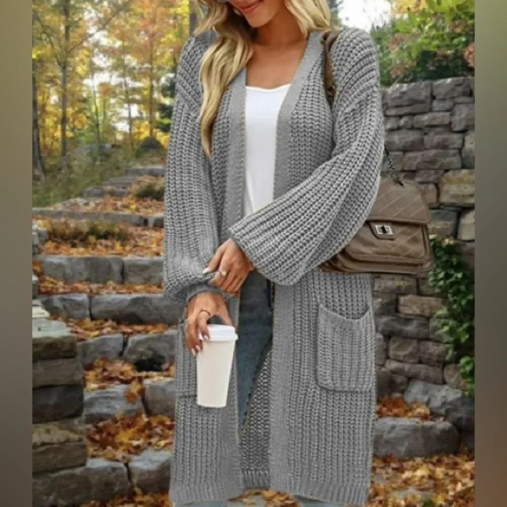 Anthro Moth Grey Open Front Chunky Knit Long Cardigan Cotton/Cashmere Blend SzS - Picture 15 of 15